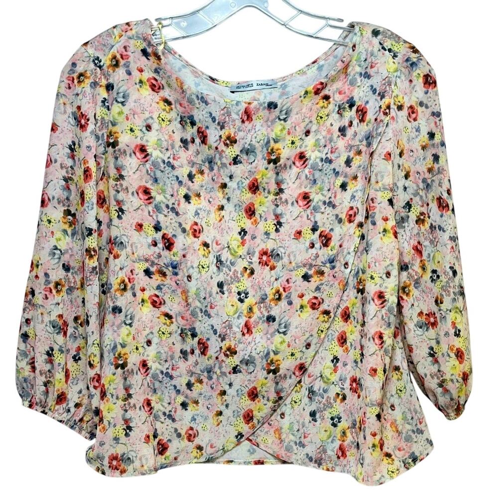 Zara Overlap Pullover Top Blouse Floral Floral Pink Women's Small 3/4 Sleeve